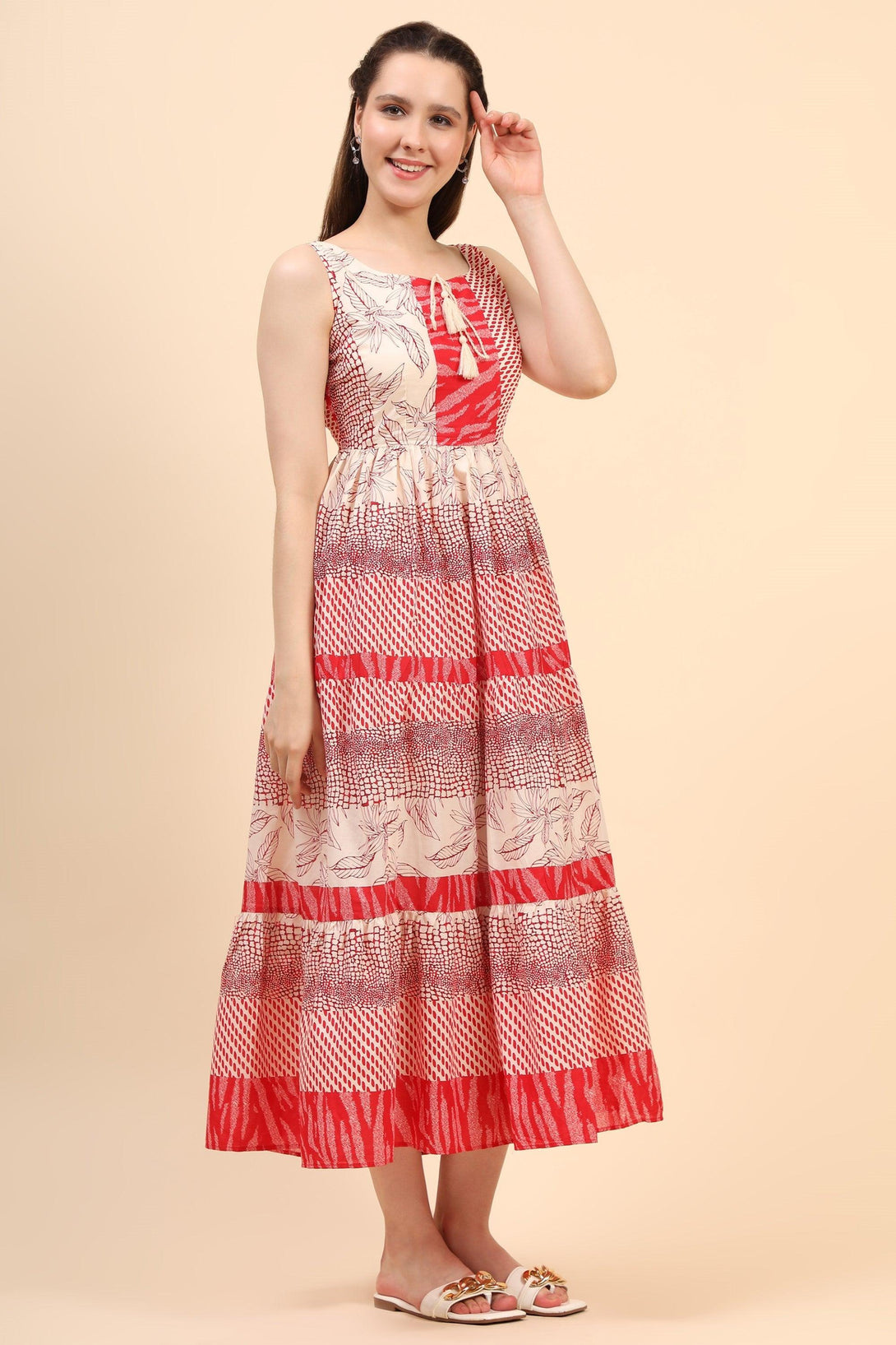 Women's Red And Cream Gather Dress In Cambric - MIRACOLOS by Ruchi - Indiakreations