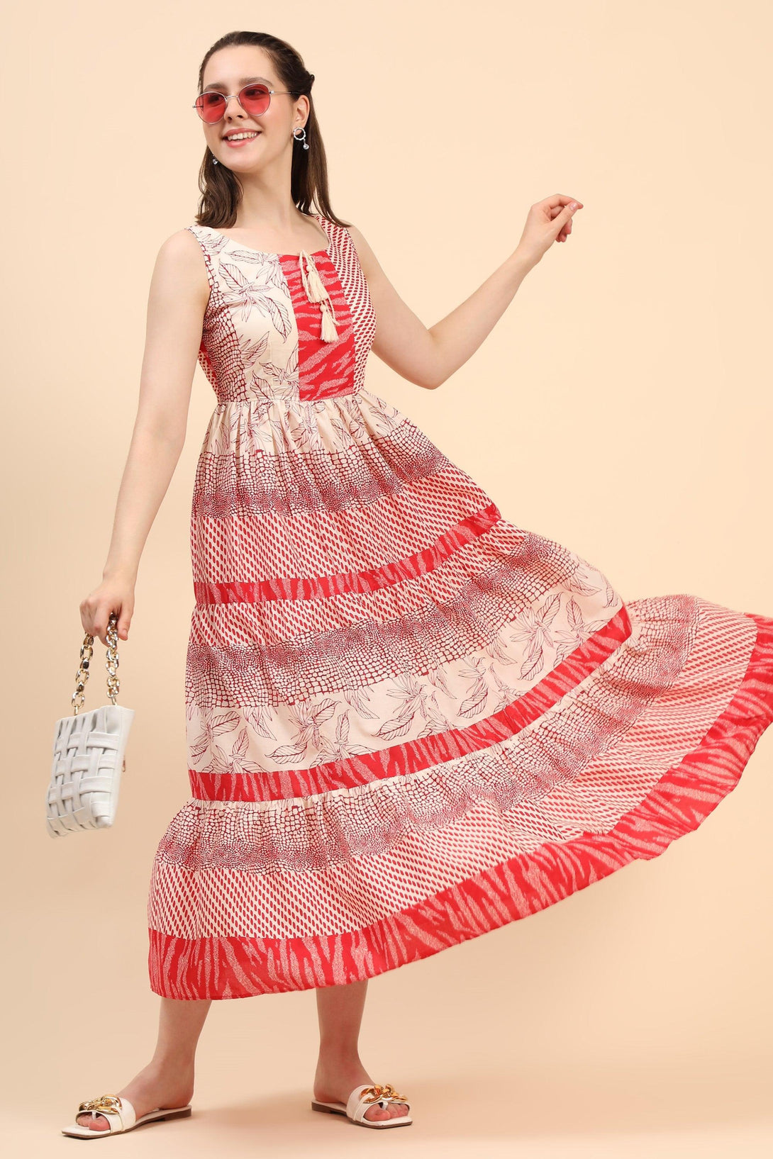 Women's Red And Cream Gather Dress In Cambric - MIRACOLOS by Ruchi - Indiakreations