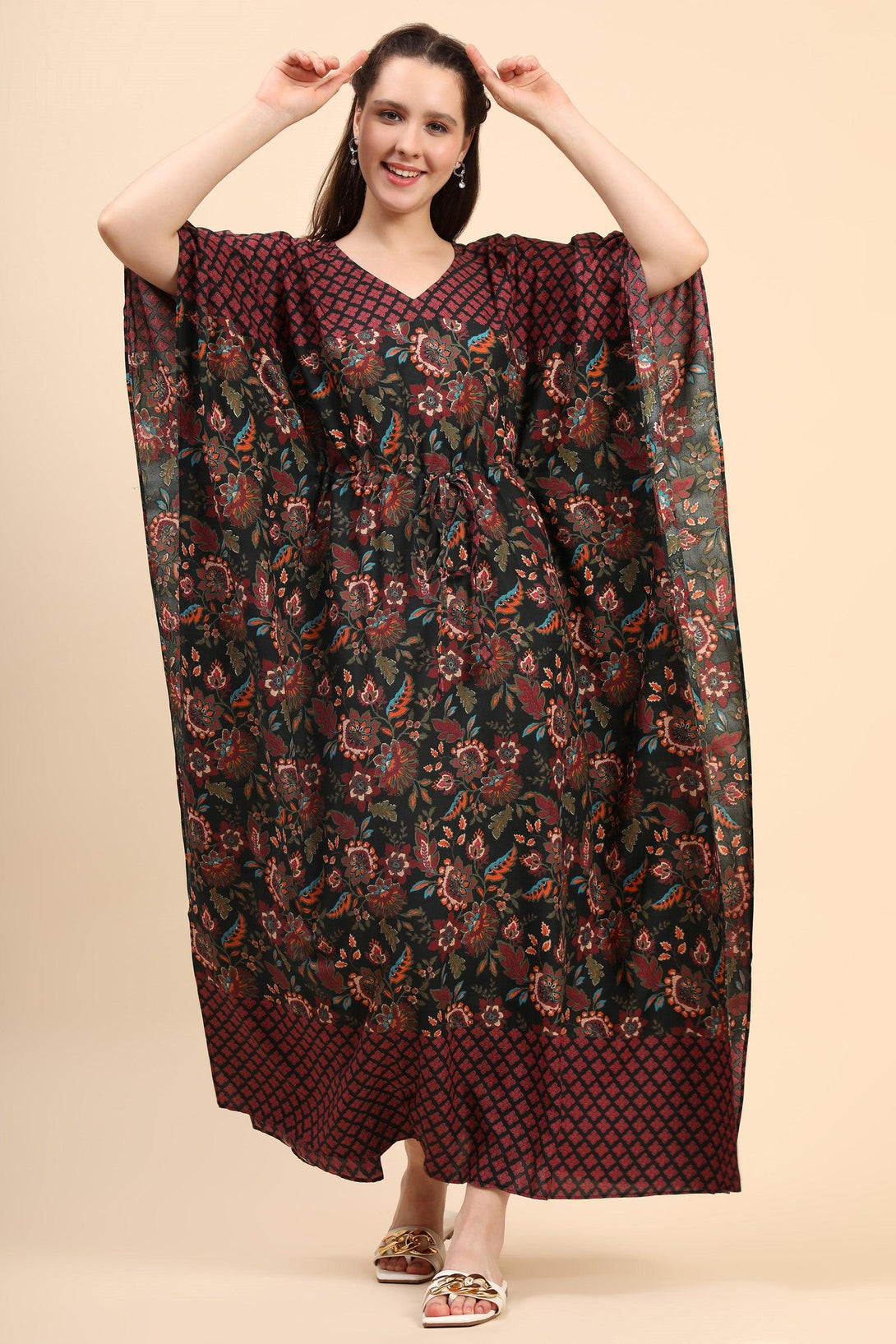 Women's Floral Print Rayon Long Kaftan In Green Base And Border - MIRACOLOS by Ruchi - Indiakreations