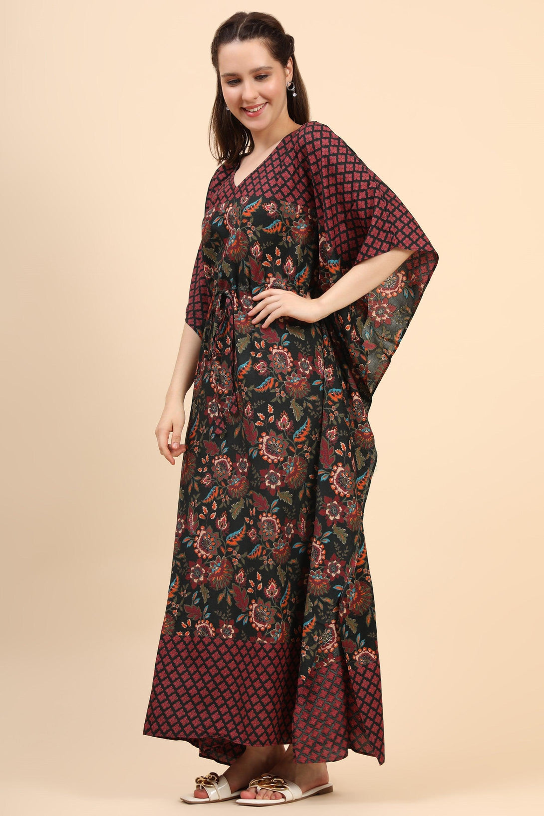 Women's Floral Print Rayon Long Kaftan In Green Base And Border - MIRACOLOS by Ruchi - Indiakreations