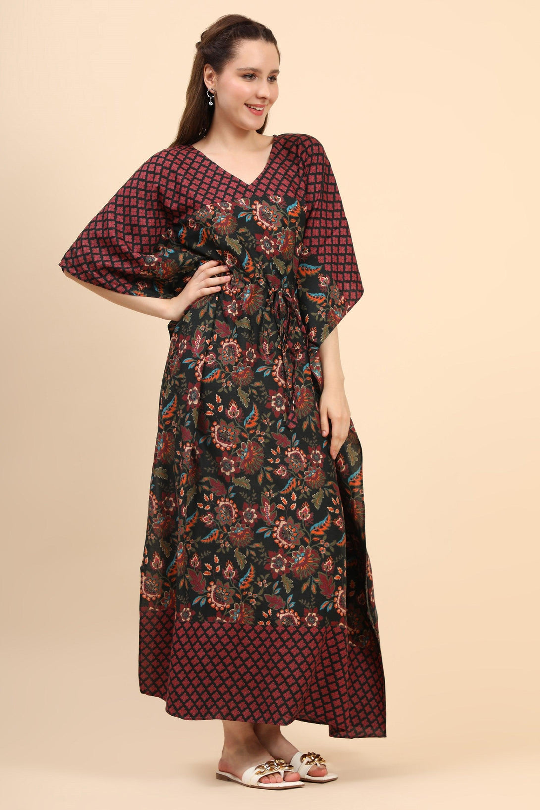 Women's Floral Print Rayon Long Kaftan In Green Base And Border - MIRACOLOS by Ruchi - Indiakreations