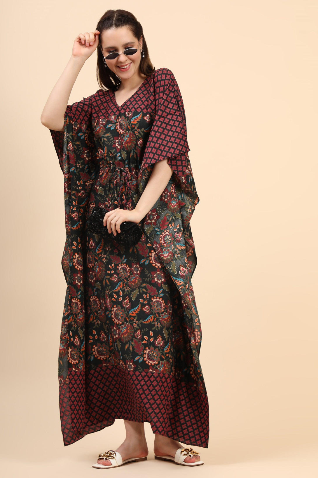 Women's Floral Print Rayon Long Kaftan In Green Base And Border - MIRACOLOS by Ruchi - Indiakreations