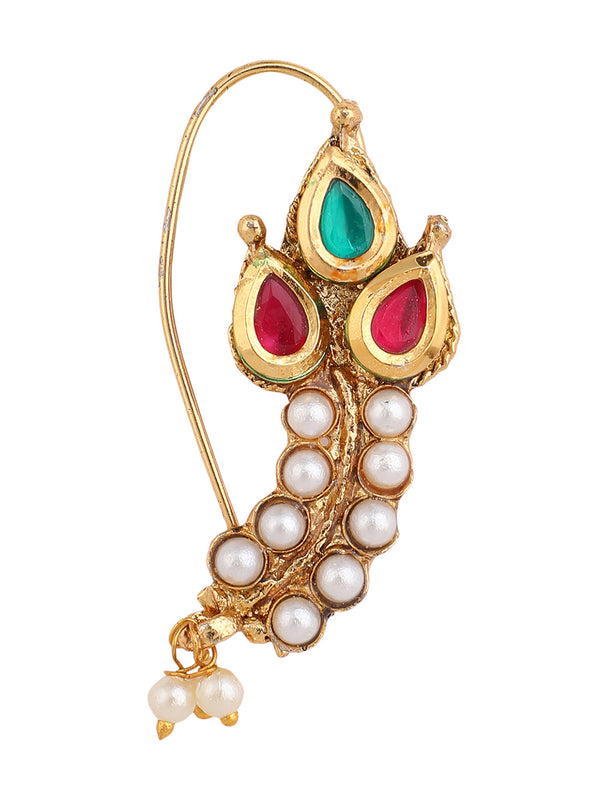 Women's Maroon Antique Gold-Plated Cz-Studded & Beaded Marathi Nose Pin - Anikas Creation