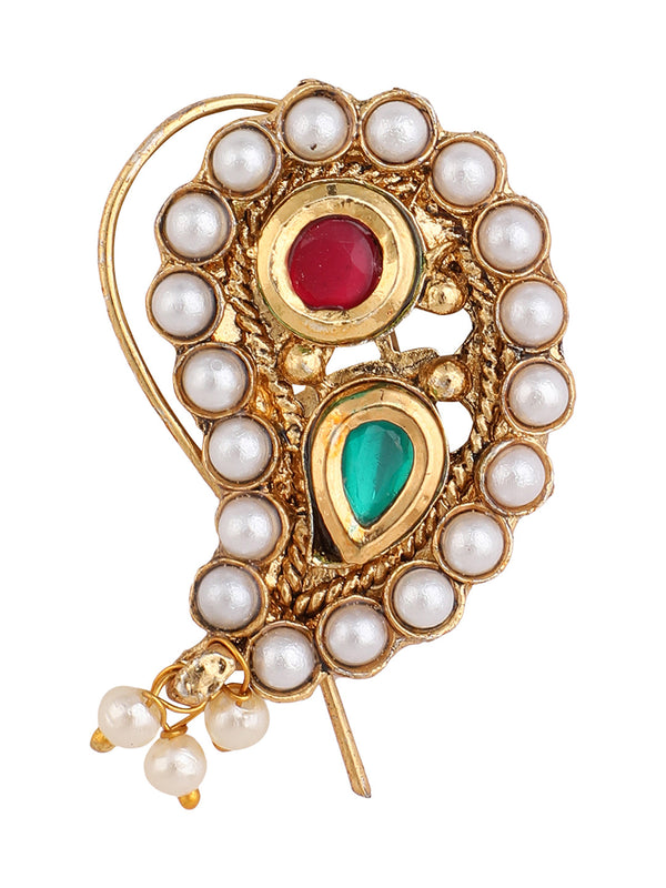 Women's Gold-Plated Pink & White Stone-Studded Beaded Nose Pin - Anikas Creation