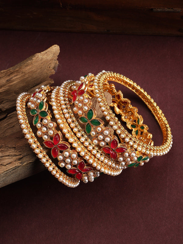 Women's Flower Style Kundan Pearl 6Pc 2.4 Inch Bridal Bangle Set - Evy