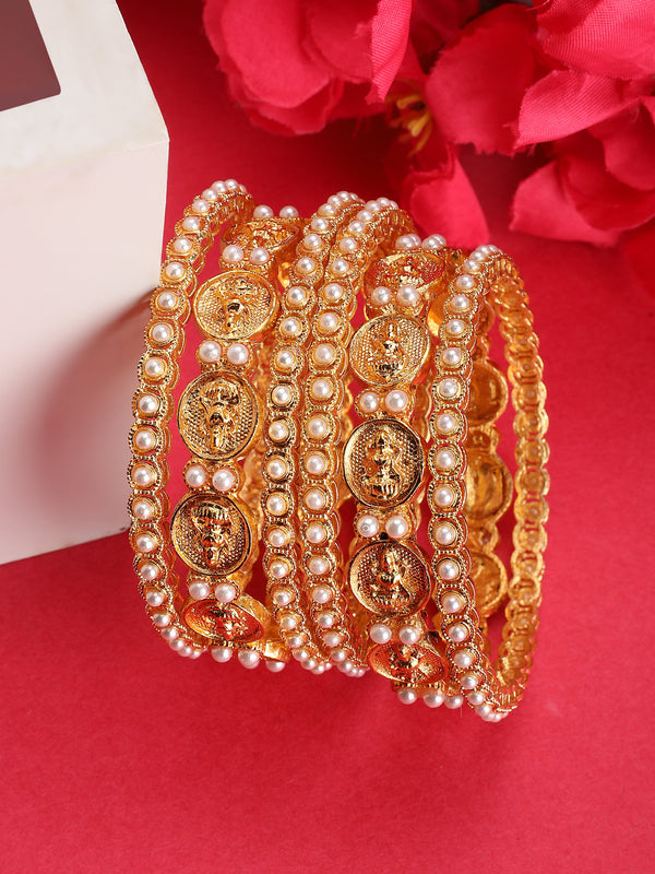 Women's Traditional Gold Plated Pearl Laxmi Coin 6Pc 2.4 Inch Bangle Set - Evy