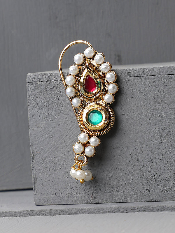 Women's Maroon And Green Gold-Plated Cz-Studded & Beaded Maharashtrian Nose Pin - Anikas Creation