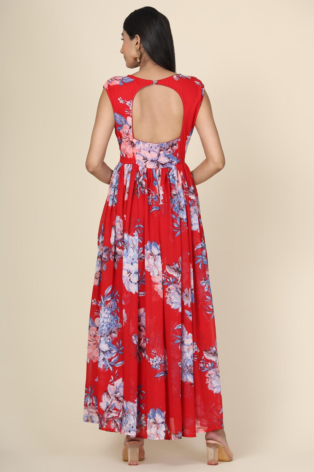 Women's Floral Printed Chiffon Gown In Red Base - MIRACOLOS by Ruchi - Indiakreations