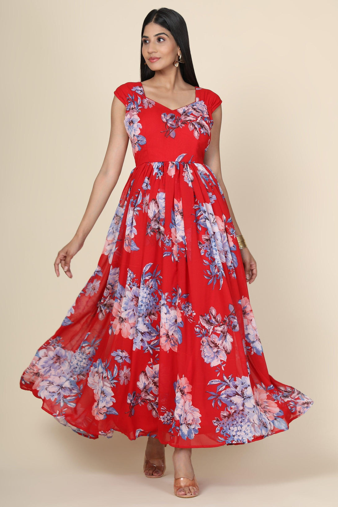 Women's Floral Printed Chiffon Gown In Red Base - MIRACOLOS by Ruchi - Indiakreations