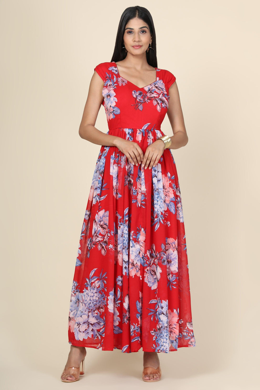 Women's Floral Printed Chiffon Gown In Red Base - MIRACOLOS by Ruchi - Indiakreations