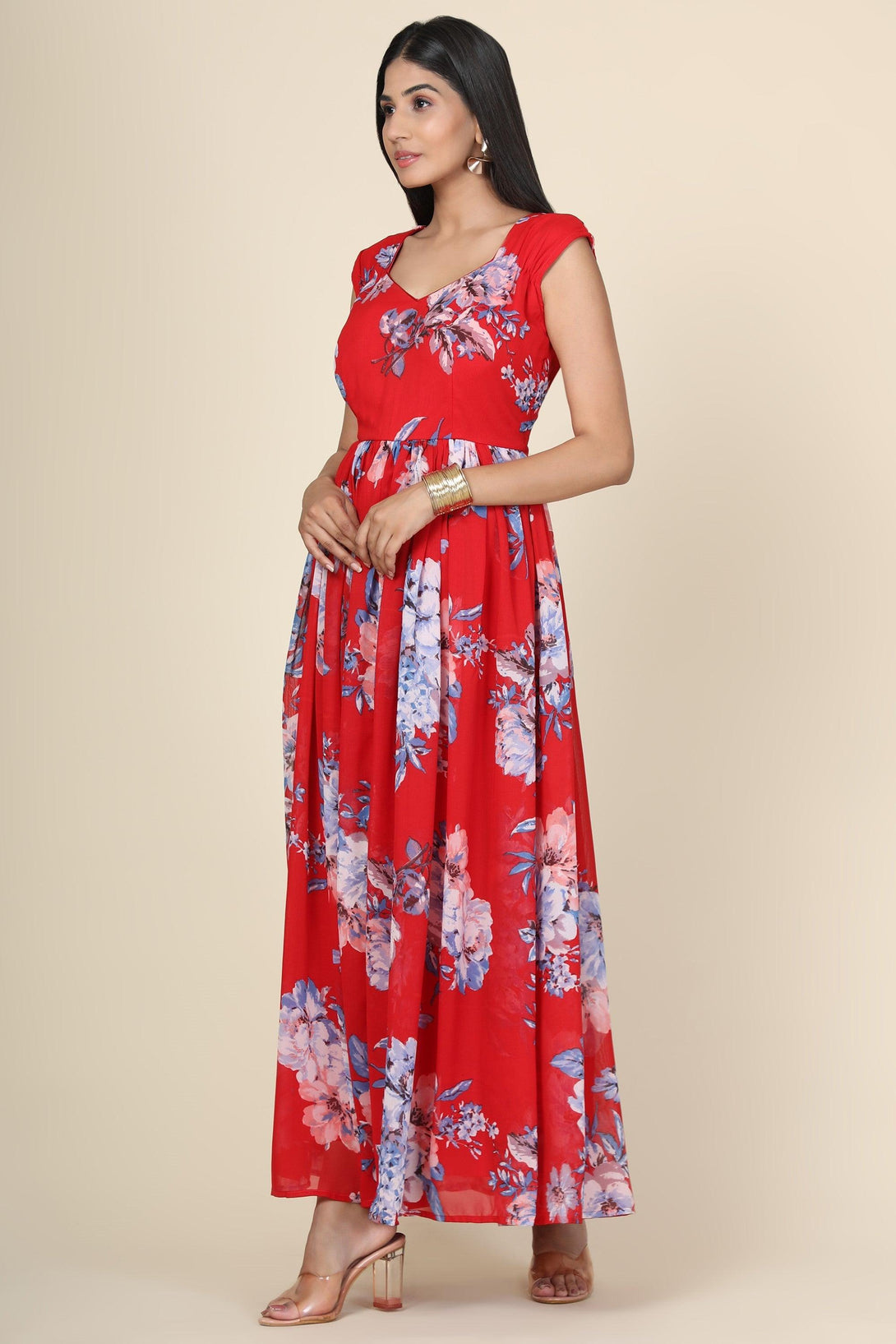 Women's Floral Printed Chiffon Gown In Red Base - MIRACOLOS by Ruchi - Indiakreations