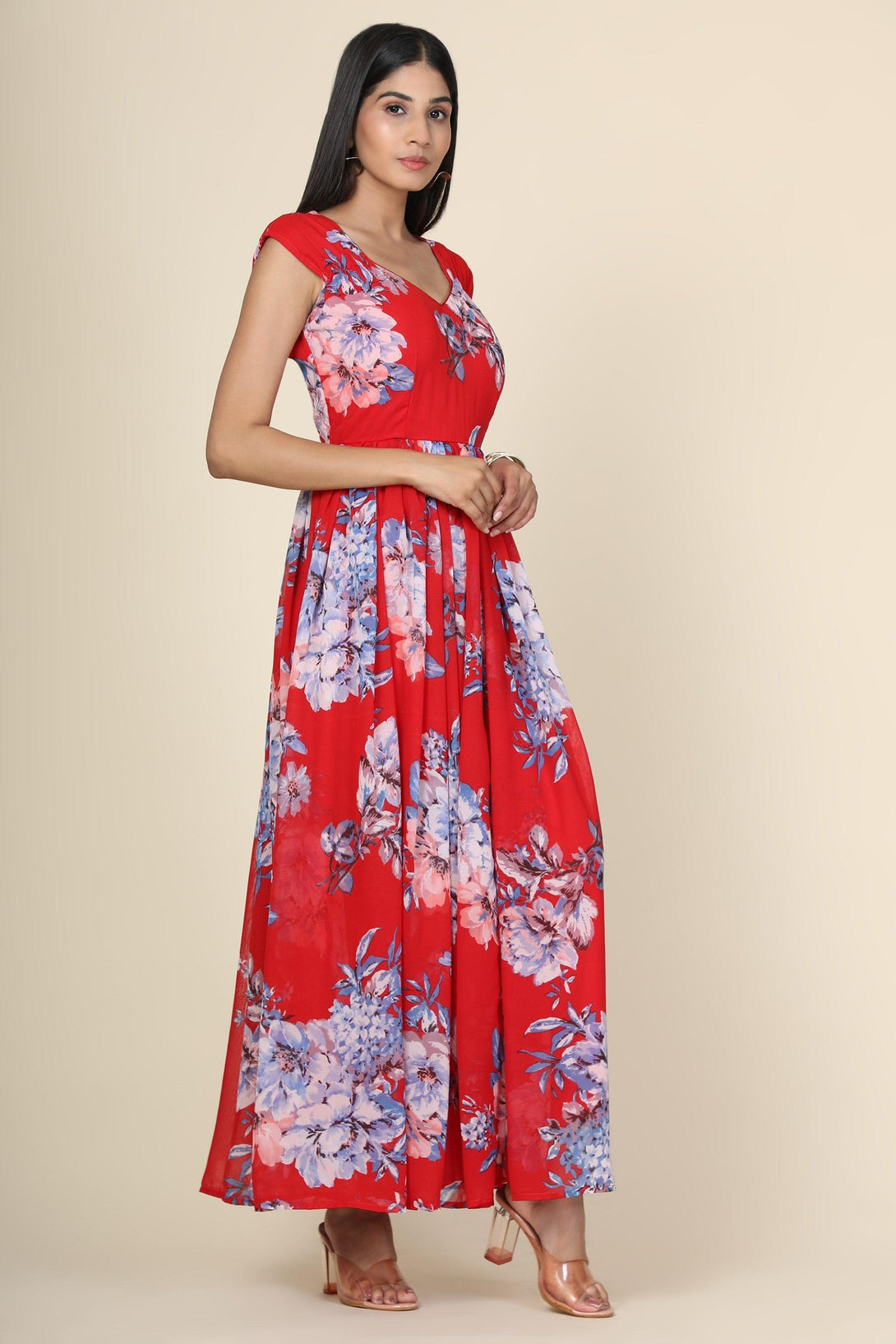 Women's Floral Printed Chiffon Gown In Red Base - MIRACOLOS by Ruchi - Indiakreations