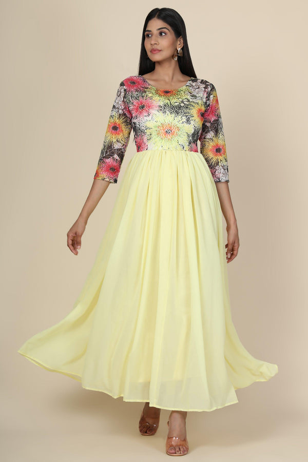 Women's Lemon Gown In Georgette And Sunflower Print Net Yoke - MIRACOLOS by Ruchi - Indiakreations