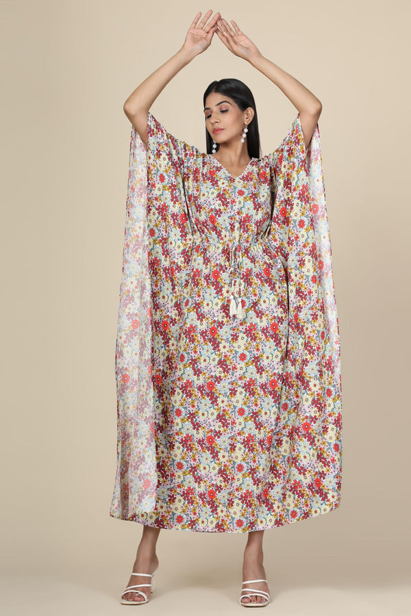 Women's Floral Print Rayon Kaftan In Grey Base - MIRACOLOS by Ruchi - Indiakreations