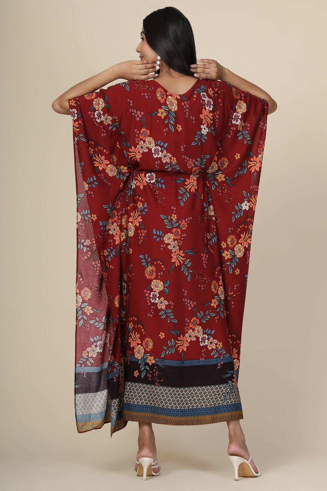 Women's Floral Print Rayon Long Kaftan In Maroon Base - MIRACOLOS by Ruchi - Indiakreations