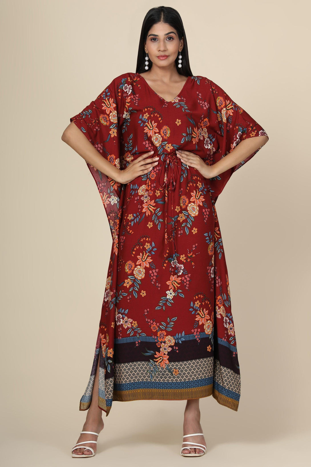 Women's Floral Print Rayon Long Kaftan In Maroon Base - MIRACOLOS by Ruchi - Indiakreations