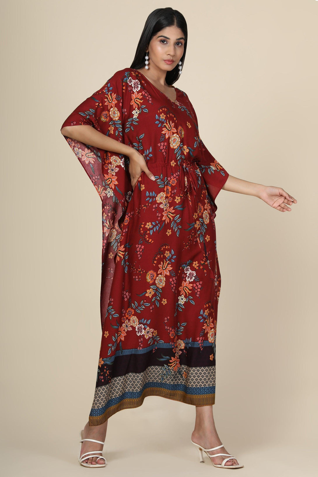 Women's Floral Print Rayon Long Kaftan In Maroon Base - MIRACOLOS by Ruchi - Indiakreations