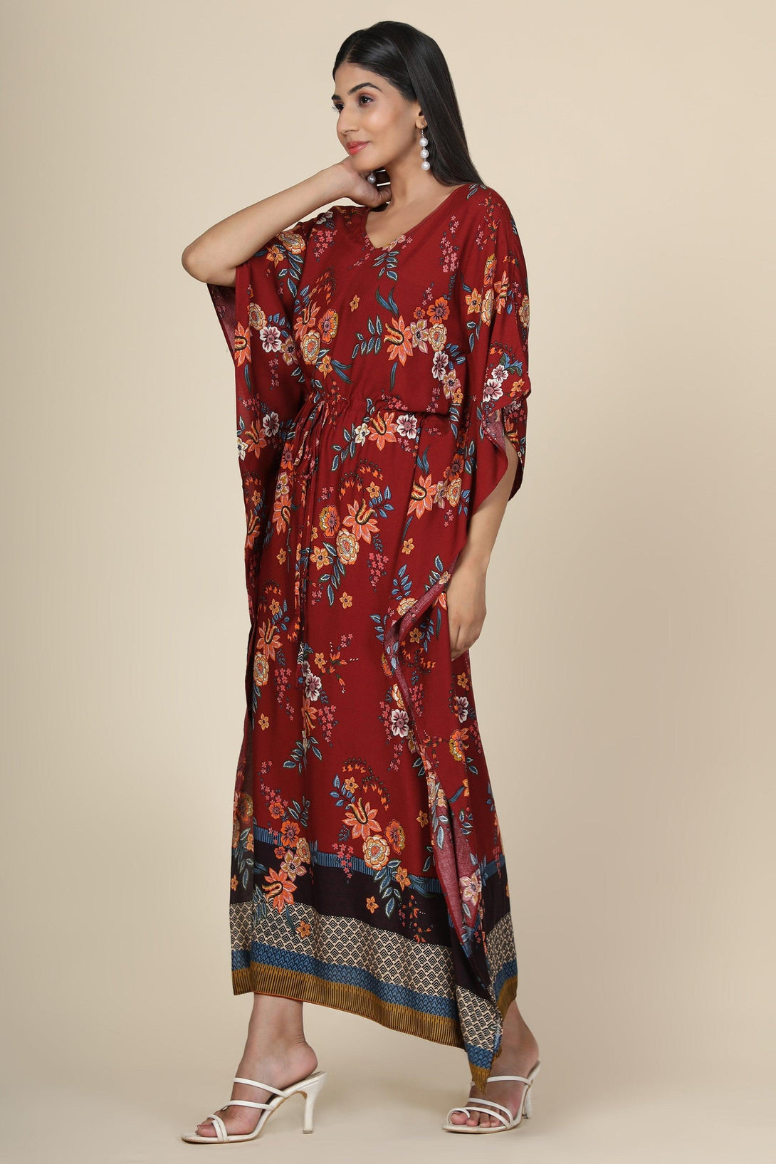 Women's Floral Print Rayon Long Kaftan In Maroon Base - MIRACOLOS by Ruchi - Indiakreations