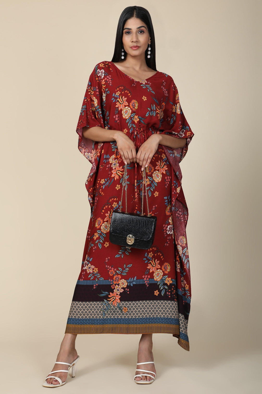 Women's Floral Print Rayon Long Kaftan In Maroon Base - MIRACOLOS by Ruchi - Indiakreations