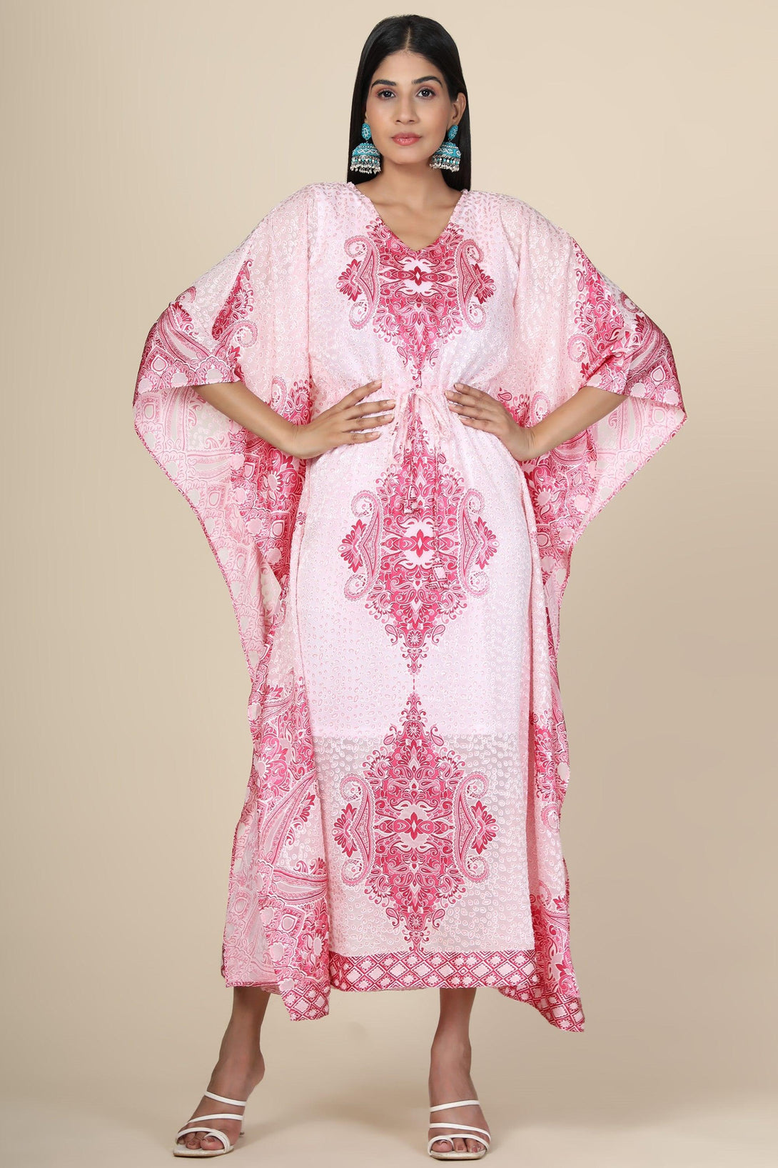 Women's Baby Pink Printed Long Kaftan In Georgette Brasso Self Fabric With Inner - MIRACOLOS by Ruchi - Indiakreations