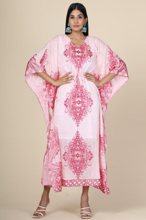 Women's Baby Pink Printed Long Kaftan In Georgette Brasso Self Fabric With Inner - MIRACOLOS by Ruchi