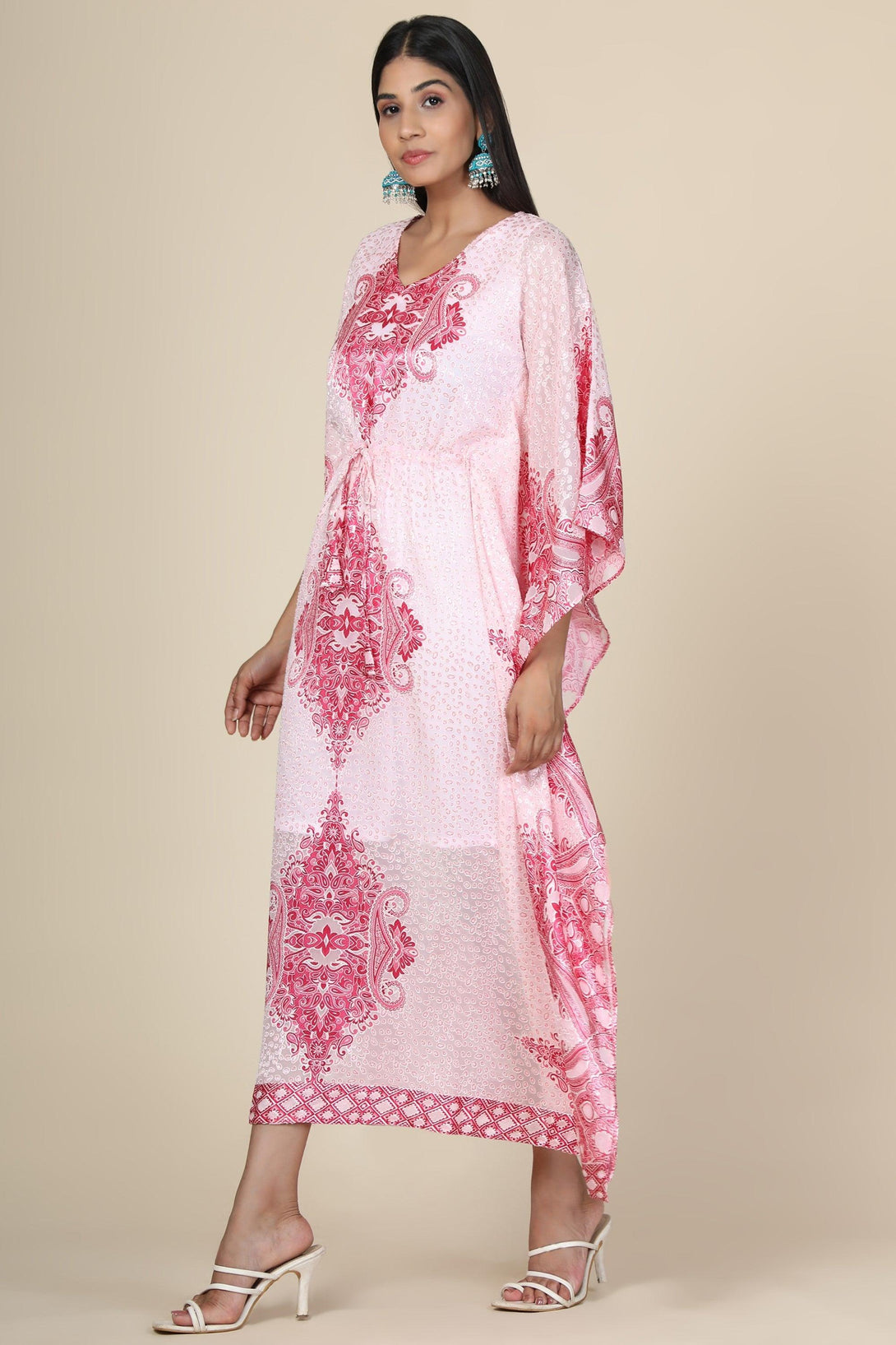 Women's Baby Pink Printed Long Kaftan In Georgette Brasso Self Fabric With Inner - MIRACOLOS by Ruchi - Indiakreations