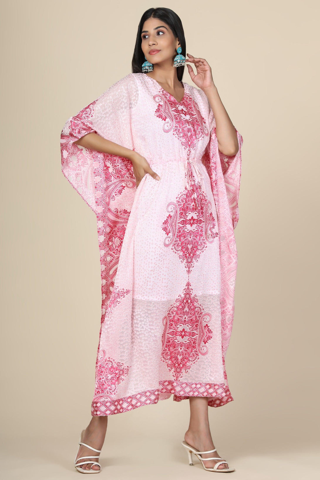 Women's Baby Pink Printed Long Kaftan In Georgette Brasso Self Fabric With Inner - MIRACOLOS by Ruchi - Indiakreations