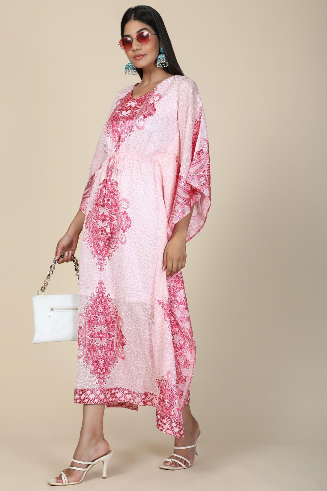 Women's Baby Pink Printed Long Kaftan In Georgette Brasso Self Fabric With Inner - MIRACOLOS by Ruchi - Indiakreations