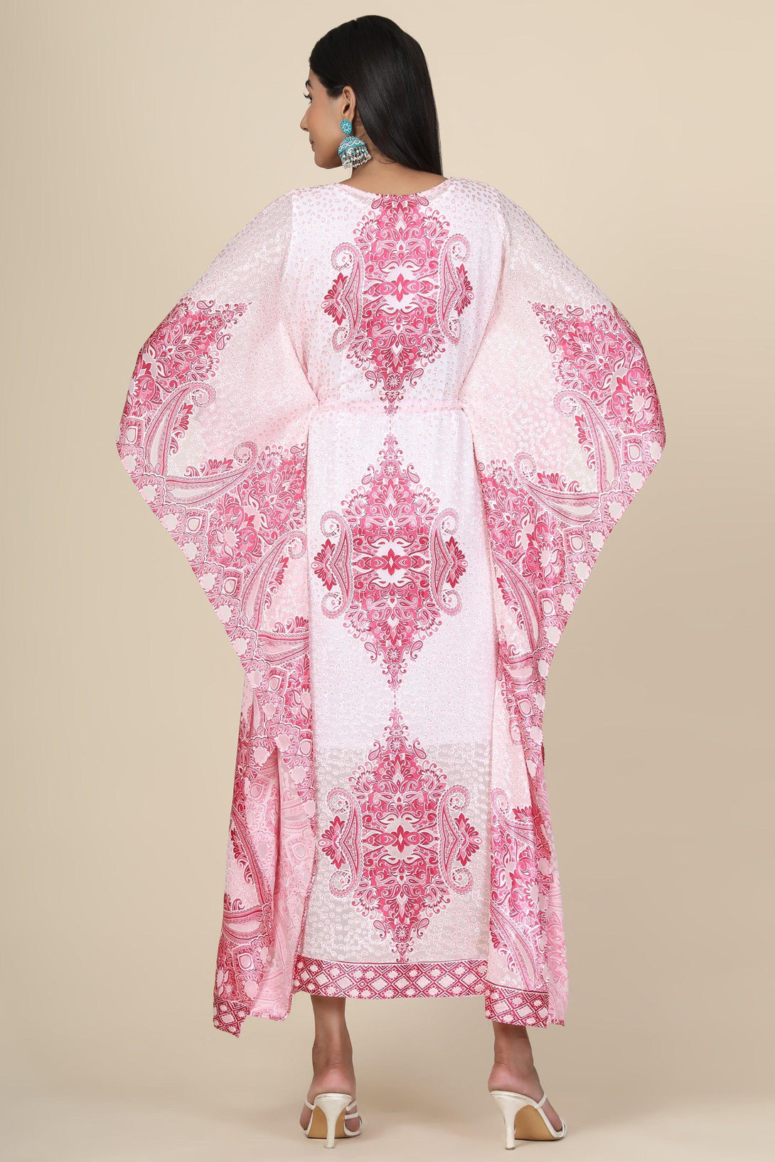 Women's Baby Pink Printed Long Kaftan In Georgette Brasso Self Fabric With Inner - MIRACOLOS by Ruchi - Indiakreations