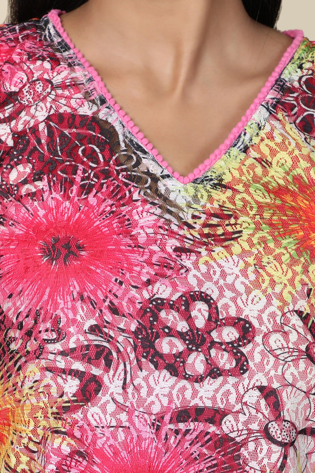 Women's Net Sunflower Print Short Kaftan In Pink And Lemon Color - MIRACOLOS by Ruchi - Indiakreations