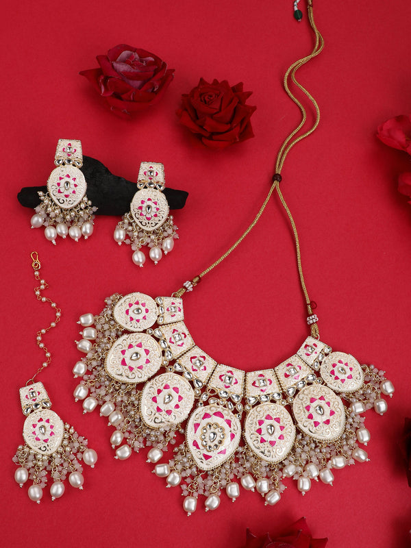 Women's Cream Pink Premium Quality Meenakari Bridal Jewellery Set - EVY