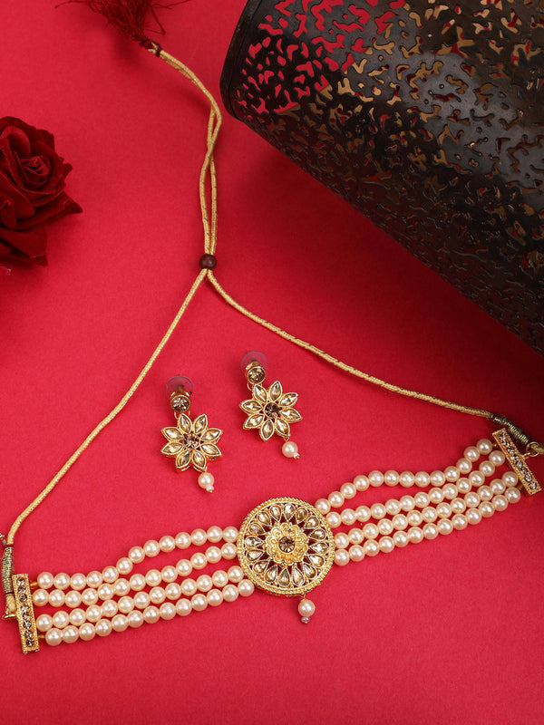 Women's Golden Glass Pearl Kundan Choker Jewellery set - EVY