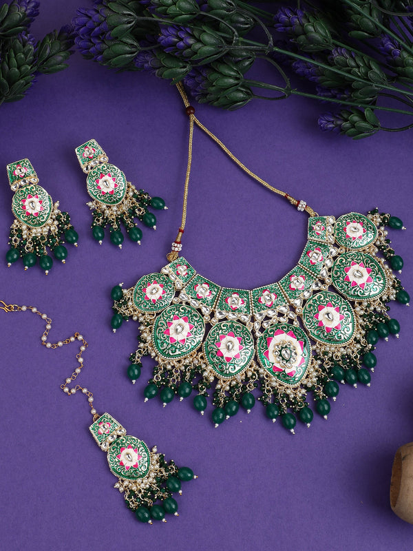 Women's Green Pink Premium Quality Meenakari Bridal Jewellery Set - EVY