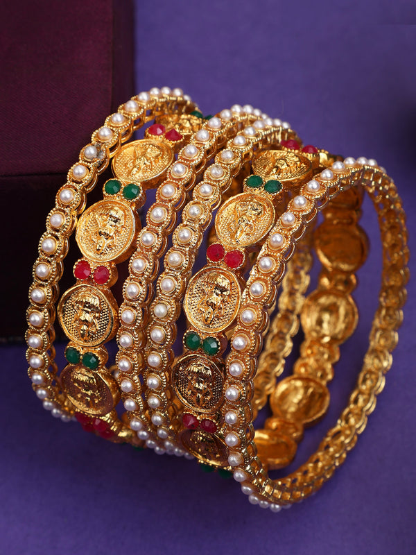 Women's Red Green Kundan Pearl Laxmi Coin 6Pc 2.4 Inch Bangle Set - Evy