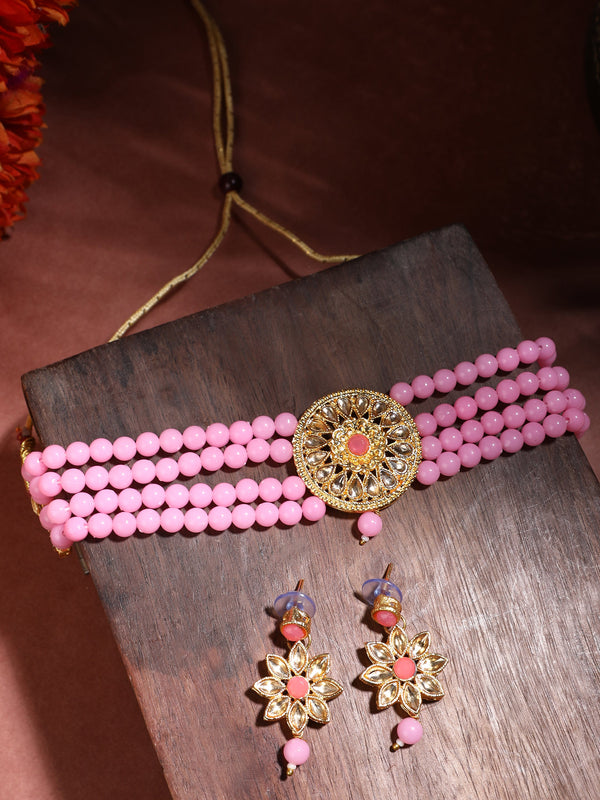 Women's Pink Glass Pearl Kundan Choker Jewellery set - EVY