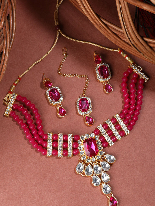 Women's Ruby Pink Glass Beads CZ Kundan 4pc Full Jewellery Set - EVY