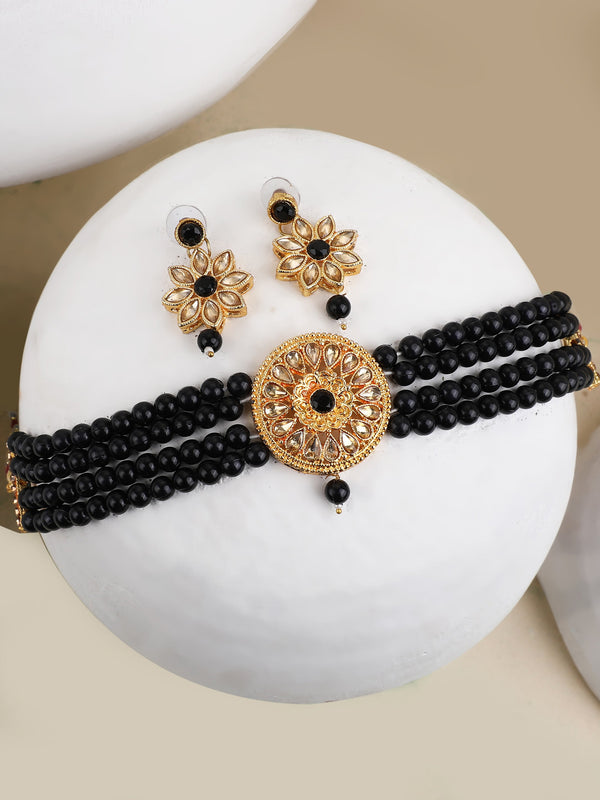 Women's Black Glass Pearl Kundan Choker Jewellery set - EVY