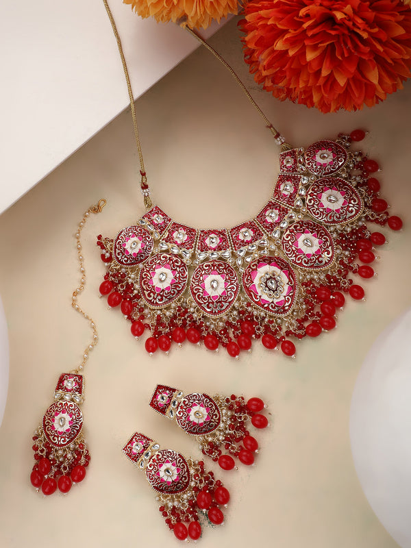 Women's Cream Pink Premium Quality Meenakari Bridal Jewellery Set - EVY