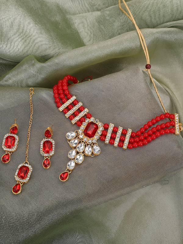 Women's Bridal Red Glass Beads CZ Kundan 4pc Full Jewellery Set - EVY