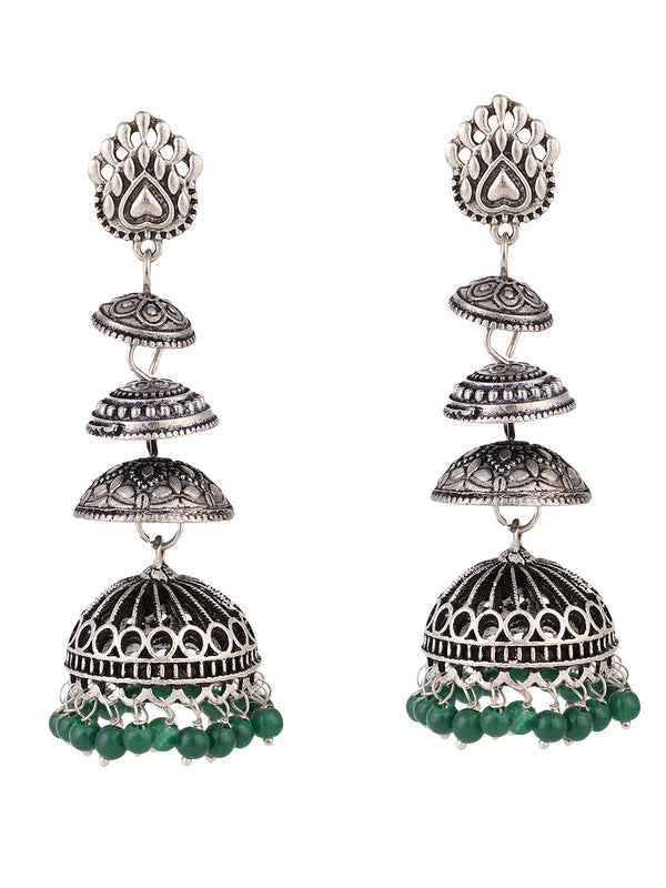 Women's Designer Silver Tone Oxidised Green Bead Jhumka Earring - Anikas Creation