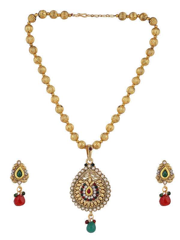 Women's Gold Plated Multi Colour Traditional Pearl Pendant Set With Earrings - Anikas Creation