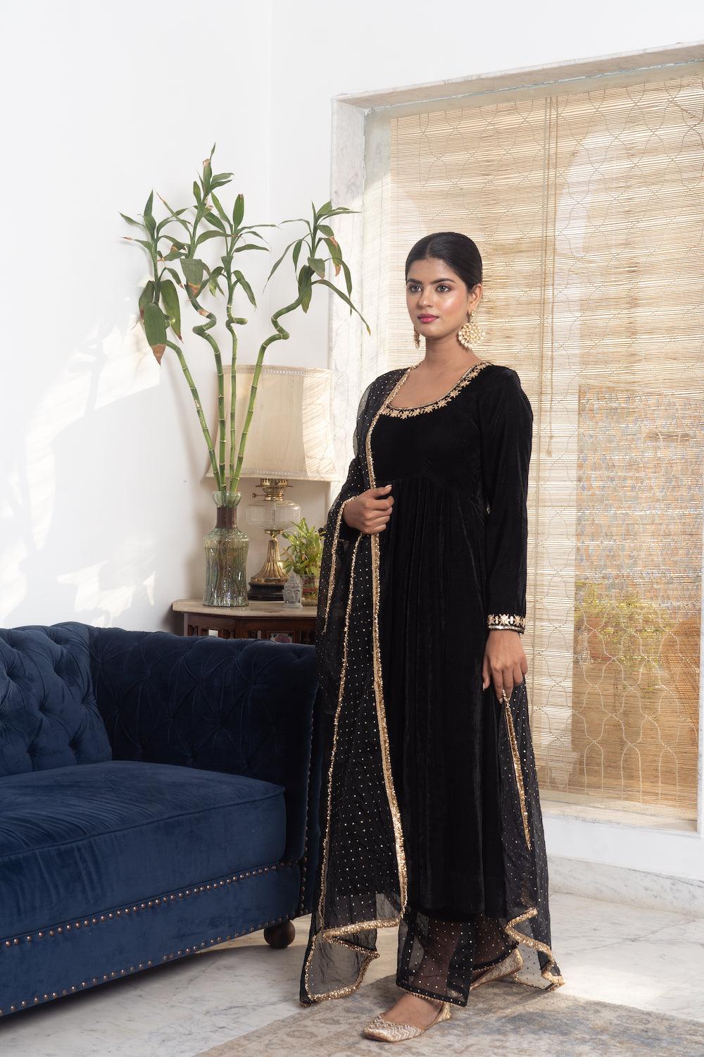 Khwabidah Black Anarkali Set of 3 - Indiakreations