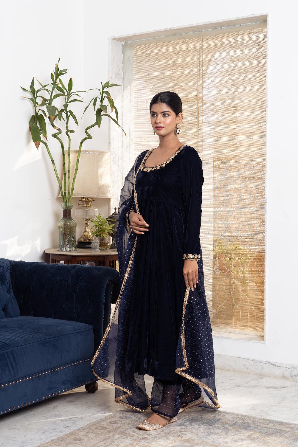 Khwabidah Navy Blue Anarkali Set of 3 - Indiakreations