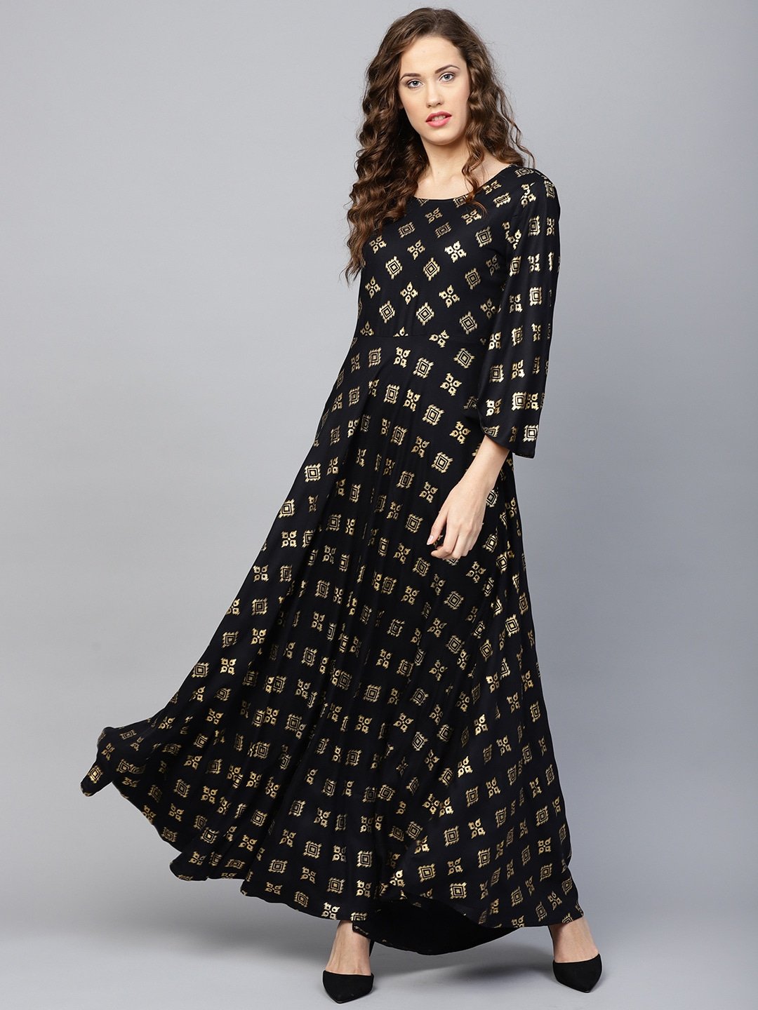 Women's Black & Golden Printed Kurta - Yufta