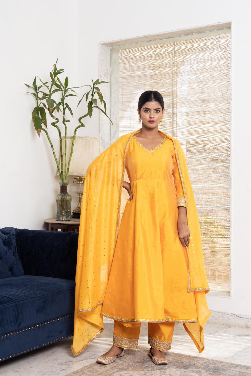 Khwabidah Mustard Anarkali Set of 3 - Indiakreations