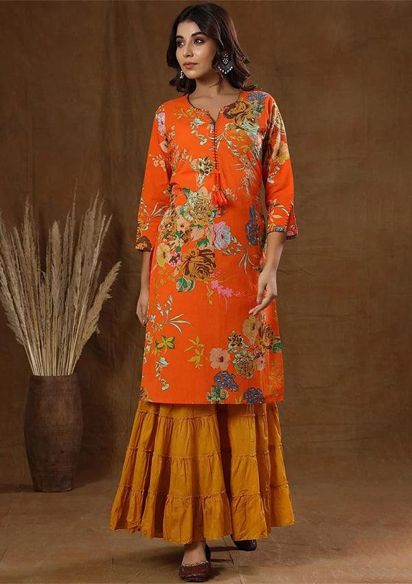 Orange Printed Kurta Sharara Set - Indiakreations