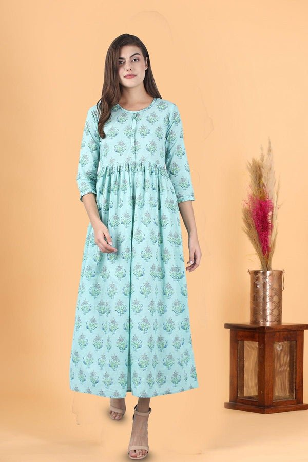 Sea Green Printed Ankle Long Ethnic Gown - Indiakreations