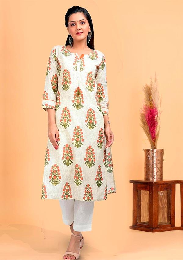 Off-White Hand Block Printed Kurta - Indiakreations