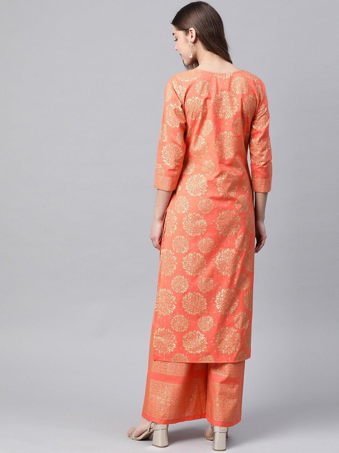 Women's Coral Orange & Golden Printed Pure Cotton Kurta with Palazzos - Meeranshi - Indiakreations