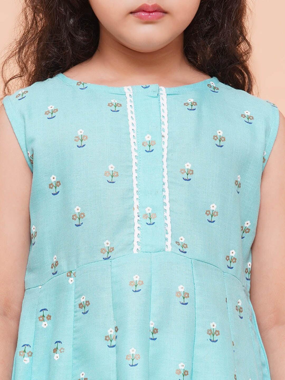 Girl's Blue Floral Printed Empire Kurta with Trousers & With Dupatta - NOZ2TOZ KIDS - Indiakreations